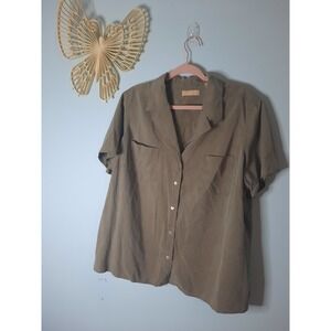 Kate Hill Woman 100% Silk Short Sleeve Button Down Shirt Olive Green Plus Sz 2X